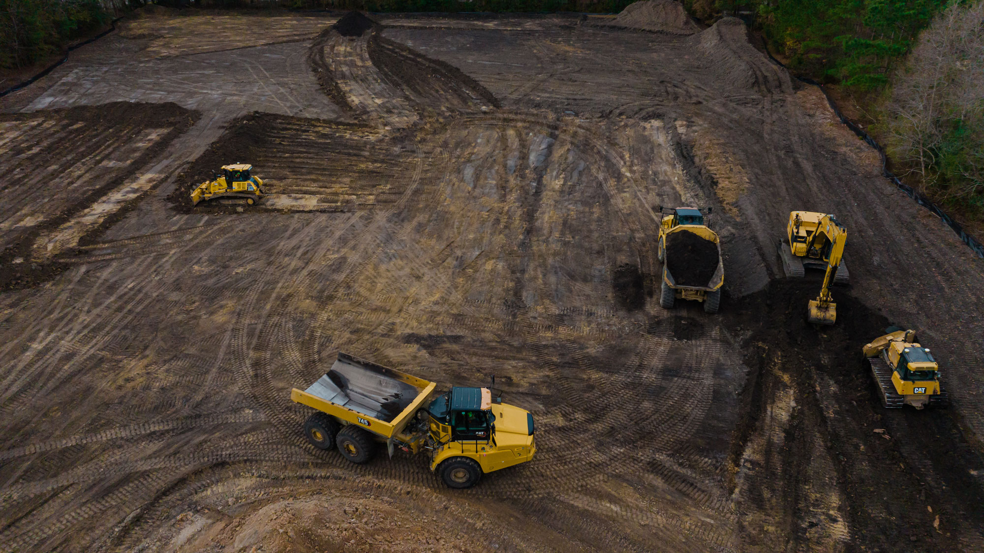 Aerial view of construction machinery on project site